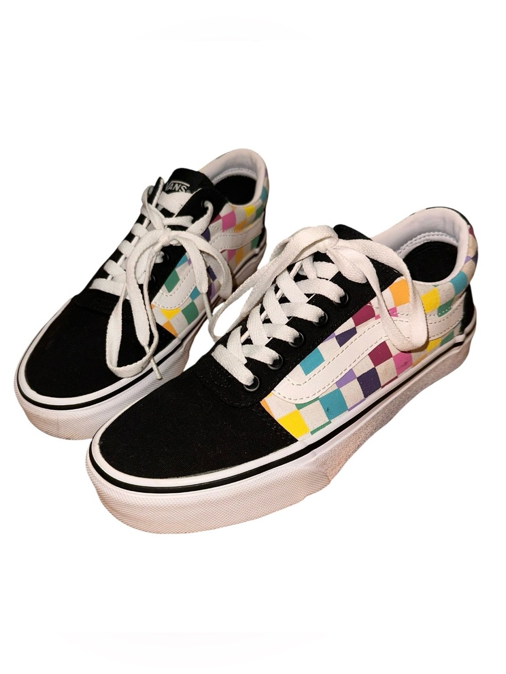 Vans Black Canvas Old Skool with Multicolor Checkerboard